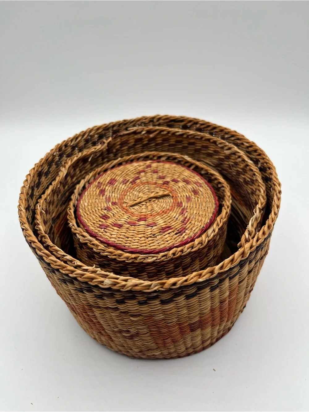 Vintage Handwoven Baskets with Lids - Set of 5